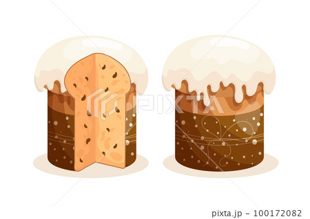 Easter cake set. Easter cakes with glaze, whole and cut. Easter icons, decor elements, vector Easter cake set. Easter cakes with glaze, whole and cut. Easter icons, decor elements, vector 100172082