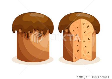 Easter cake set. Easter cakes with chocolate icing, whole and cut. Easter icons, decor elements, vector Easter cake set. Easter cakes with chocolate icing, whole and cut. Easter icons, decor elements, vector 100172083