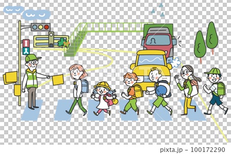在交通引導志願者的注視下，小學生精力充沛地上下學插圖素材 100172290
