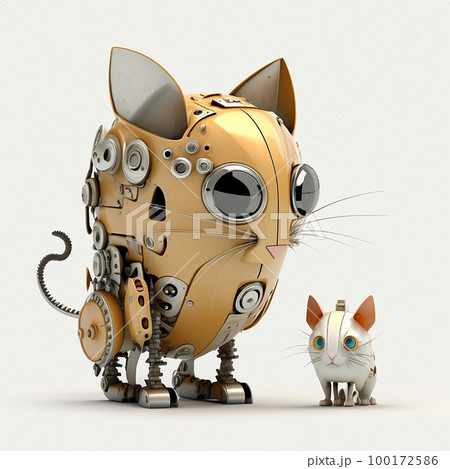 Cat and kitten robots, two robot cats on a white background, funny fantasy illustration Cat and kitten robots, two robot cats on a white background, funny fantasy illustration 100172586