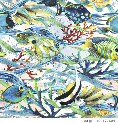 Coral reefs with algae, waves of water, fish, sea sponges, bubbles. Watercolor illustration. Seamless pattern on a white background from the collection of TROPICAL FISH. For fabric wallpaper, textiles 100172604