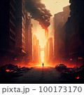 a human figure on a street in the city The apocalypse after a nuclear strike, everything is burning 100173170