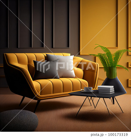 Modern interior design yellow armchair sofa in living room with and mock up poster frame in wall at home, lifestyle living room design, empty nobody, 3D render by Generative AI Modern interior design yellow armchair sofa in living room with and mock up poster frame in wall at home, lifestyle living room design, empty nobody, 3D render by Generative AI 100173319