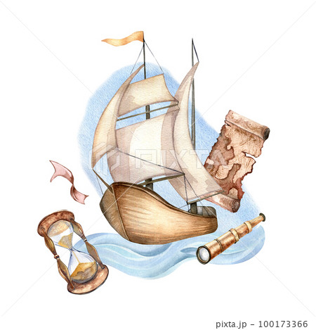 Composition of sailing ship vintage style watercolor illustration isolated on white. 100173366