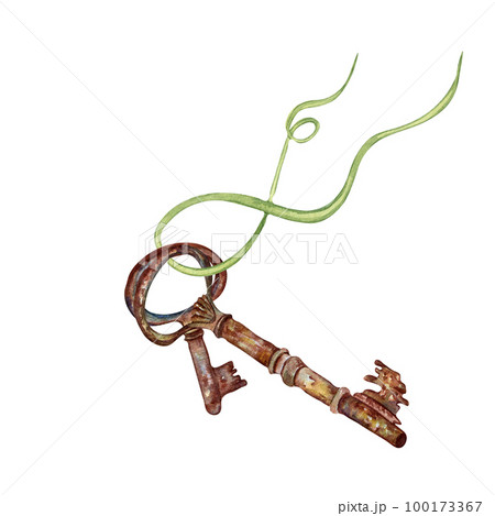 Bunch of rusty keys and ribbon watercolor illustration isolated on white background. Bunch of rusty keys and ribbon watercolor illustration isolated on white background. 100173367