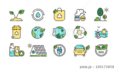 Eco technology icon set. Colorful icons and symbols of green energy, recycle, water and electric power, solar panels, global pollution, alternative energy sources. Vector isolated icon collection. Eco technology icon set. Colorful icons and symbols of green energy, recycle, water and electric power, solar panels, global pollution, alternative energy sources. Vector isolated icon collection. 100173858