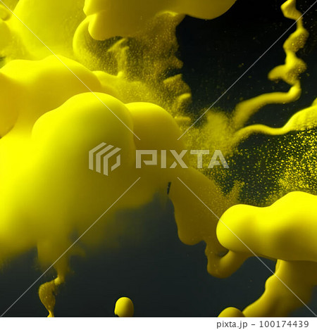 colored floating oily liquid in water in colors yellow and black, Generative AI 100174439