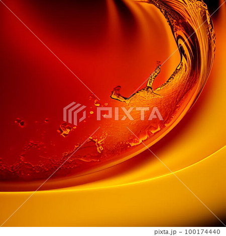 colored floating oily liquid in water in colors red, orange and yellow, Generative AI 100174440