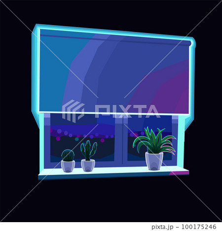 Window with a night city view, roller blackout blinds and potted plants 100175246