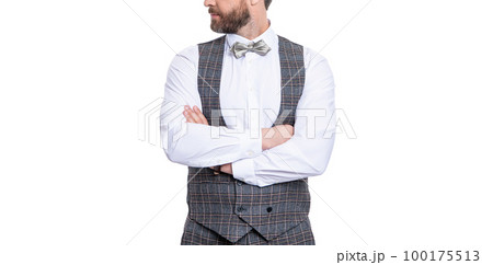 cropped view of man wear formal tuxedo menswear. man in formal tuxedo isolated on white 100175513