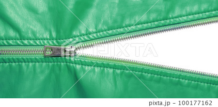 Green leather texture and open metal zipper isolated on white background 100177162