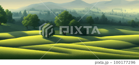 Vector illustration of beautiful summer fields Landscape with sunrise and single trees, green hill, bright blue sky, background in flat cartoon style banner. 100177296