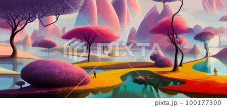 Surreal landscape with abstract colorful multicolored trees and clouds, melting islands near the ground. Vector illustration, dreamy surreal fantasy landscape, vegetation lush flowers, pastel colors Surreal landscape with abstract colorful multicolored trees and clouds, melting islands near the ground. Vector illustration, dreamy surreal fantasy landscape, vegetation lush flowers, pastel colors 100177300