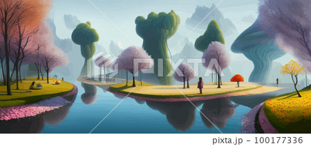 Surreal landscape with abstract colorful multicolored trees and clouds, melting islands near the ground. Vector illustration, dreamy surreal fantasy landscape, vegetation lush flowers, pastel colors 100177336
