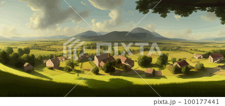 Morning in a village house on a hill and lush grass. Cartoon picture of rural scene in spring or summer, Rural landscapes - agricultural fields, green hills in spring vector Illustration 100177441