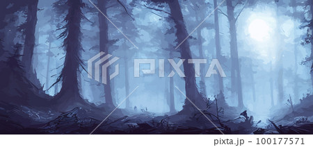 misty forest. Dark tree silhouette. Tree tricks in the blue mist. Fog in the night forest vector illustration banner. Spooky forest with full moon and floor. Without leaves and branches of autumn. 100177571