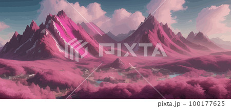 Beautiful pink mountain landscape, peaceful nature, background, banner, poster, set vector illustration, Scandinavian style landscapes, majestic nature background abstract modern landscape posters 100177625