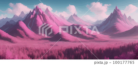 Beautiful pink mountain landscape, peaceful nature, background, banner, poster, set vector illustration, Scandinavian style landscapes, majestic nature background abstract modern landscape posters 100177765