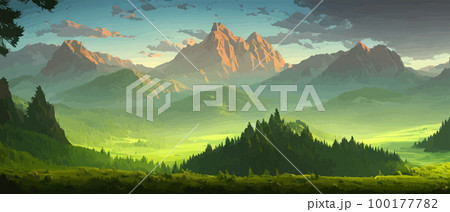 Panoramic view of big mountains, beautiful green meadows. Flat cartoon landscape with nature. Summer or spring landscape. Travel posters. Natural park or forest outdoor background with mountains Panoramic view of big mountains, beautiful green meadows. Flat cartoon landscape with nature. Summer or spring landscape. Travel posters. Natural park or forest outdoor background with mountains 100177782