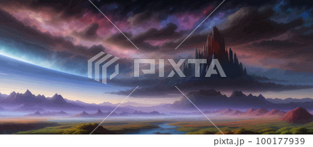 Surreal landscape with a tree and moons in the background. Giant floating. Abstract fantastic landscape. Transition to another world. Astrology Astronomy Earth Outer Space Solar System 100177939