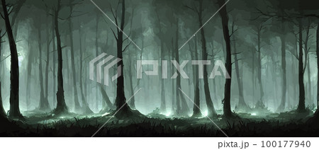 misty forest. Dark tree silhouette. Tree tricks in the blue mist. Fog in the night forest vector illustration banner. Spooky forest with full moon and floor. Without leaves and branches of autumn. 100177940