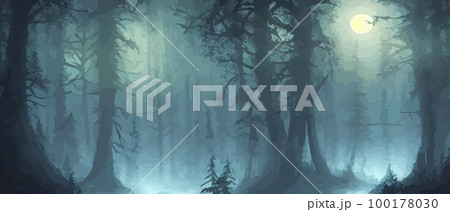 misty forest. Dark tree silhouette. Tree tricks in the blue mist. Fog in the night forest vector illustration banner. Spooky forest with full moon and floor. Without leaves and branches of autumn. 100178030