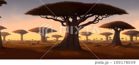 African trees. Hand drawn vector illustration Acacia nature, southern trees savannah greeting card, postcard, template. Grass, bushes, acacia trees mountains. African nature. Reserves national parks 100178039