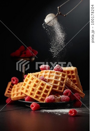 Belgian waffles with raspberries sprinkled with powdered sugar. Belgian waffles with raspberries sprinkled with powdered sugar. 100178204