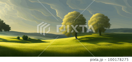Vector illustration of beautiful summer fields Landscape with sunrise and single trees, green hill, bright blue sky, background in flat cartoon style banner. Vector illustration of beautiful summer fields Landscape with sunrise and single trees, green hill, bright blue sky, background in flat cartoon style banner. 100178275