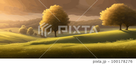 Vector illustration of beautiful summer fields Landscape with sunrise and single trees, green hill, bright blue sky, background in flat cartoon style banner. 100178276