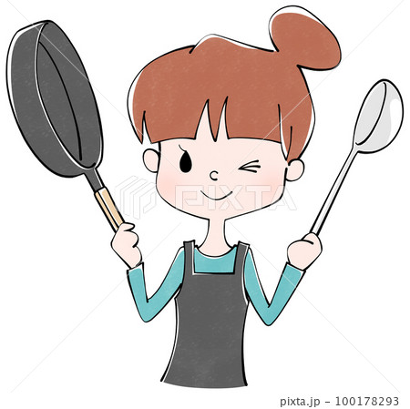 フライパンとお玉を持った女性のイラスト 100178293