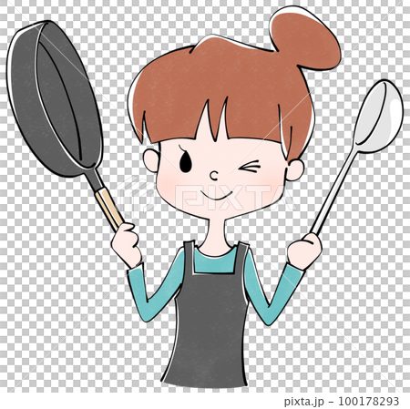 フライパンとお玉を持った女性のイラスト 100178293