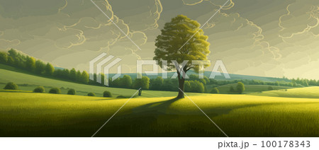 Vector illustration of beautiful summer fields Landscape with sunrise and single trees, green hill, bright blue sky, background in flat cartoon style banner. Vector illustration of beautiful summer fields Landscape with sunrise and single trees, green hill, bright blue sky, background in flat cartoon style banner. 100178343
