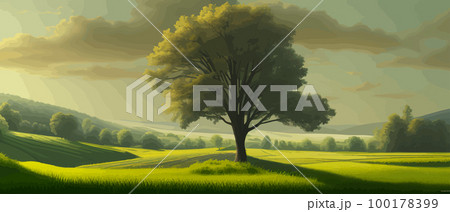 Vector illustration of beautiful summer fields Landscape with sunrise and single trees, green hill, bright blue sky, background in flat cartoon style banner. Vector illustration of beautiful summer fields Landscape with sunrise and single trees, green hill, bright blue sky, background in flat cartoon style banner. 100178399