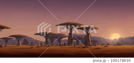 African trees. Hand drawn vector illustration Acacia nature, southern trees savannah greeting card, postcard, template. Grass, bushes, acacia trees mountains. African nature. Reserves national parks 100178630