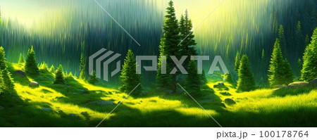 Spruce trees forest summer background against the backdrop of a mountain range in the morning golden hour with sun rays, panorama of wildlife forest in the Green Valley with blue sky Spruce trees forest summer background against the backdrop of a mountain range in the morning golden hour with sun rays, panorama of wildlife forest in the Green Valley with blue sky 100178764