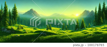Spruce trees forest summer background against the backdrop of a mountain range in the morning golden hour with sun rays, panorama of wildlife forest in the Green Valley with blue sky 100178765