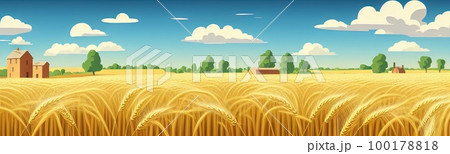 ears of wheat. Farm field. For package. Barley illustration in vintage style. Wheat grain. Summer landscape with a field of ripe wheat, hills and lobes in the background. Raster illustration. ears of wheat. Farm field. For package. Barley illustration in vintage style. Wheat grain. Summer landscape with a field of ripe wheat, hills and lobes in the background. Raster illustration. 100178818