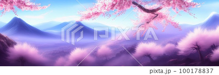 spring background in cartoon style. Pink and purple sakura, cherry, magnolia in bloom. Asian horizontal landscape with lake, hills, trees and flowers. Banner with copy space. 100178837