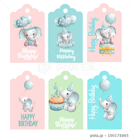 Set of happy birthday gift tags with cute baby animals. Hand drawn watercolor illustration isolated on white background. Designf for baby shower party, birthday, cake, holiday celebration design . Set of happy birthday gift tags with cute baby animals. Hand drawn watercolor illustration isolated on white background. Designf for baby shower party, birthday, cake, holiday celebration design . 100178865