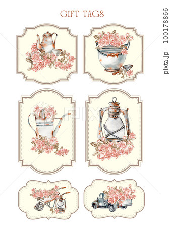Set of happy birthday gift tags with spring compositions. Hand drawn watercolor illustration isolated on white background.   Designf for baby shower party, birthday, cake, holiday celebration design . 100178866