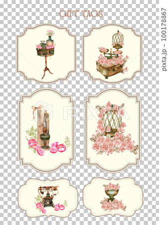 Set of happy birthday gift tags with spring compositions. Hand drawn watercolor illustration isolated on white background.   Designf for baby shower party, birthday, cake, holiday celebration design . 100178867
