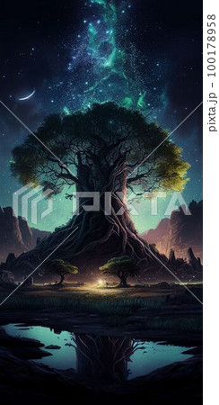 Big tree glowing colorful from night sky and star background Created with Generative AI technology. Big tree glowing colorful from night sky and star background Created with Generative AI technology. 100178958