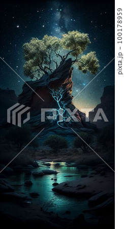 Big tree glowing colorful from night sky and star background Created with Generative AI technology. Big tree glowing colorful from night sky and star background Created with Generative AI technology. 100178959