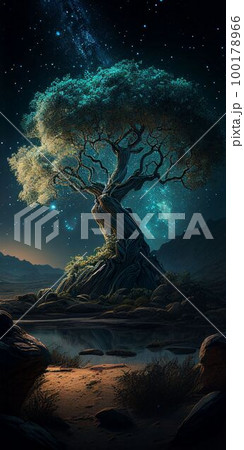 Big tree glowing colorful from night sky and star background Created with Generative AI technology. Big tree glowing colorful from night sky and star background Created with Generative AI technology. 100178966