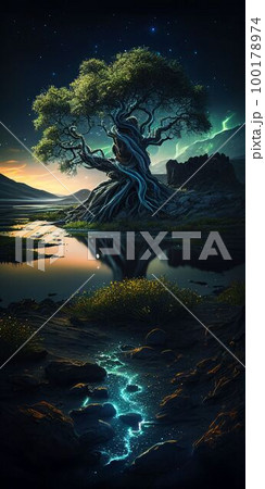 Big tree glowing colorful from night sky and star background Created with Generative AI technology. 100178974