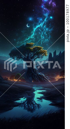 Big tree glowing colorful from night sky and star background Created with Generative AI technology. 100178977