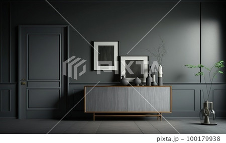 Dark room with grey wall apartment interior with scandinavian style wooden furniture and designer sideboard decorations 100179938