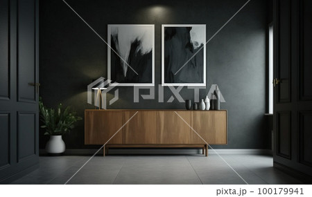 Dark room with grey wall apartment interior with scandinavian style wooden furniture and designer sideboard decorations 100179941