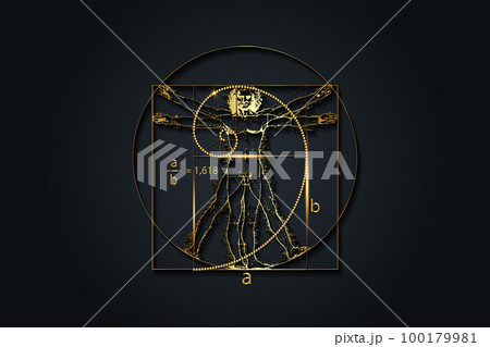 Golden ratio. Fibonacci Sequence number and Vitruvian Man by Leonardo Da Vinci - luxury gold texture, divine proportion, vector illustration isolated on black background 100179981
